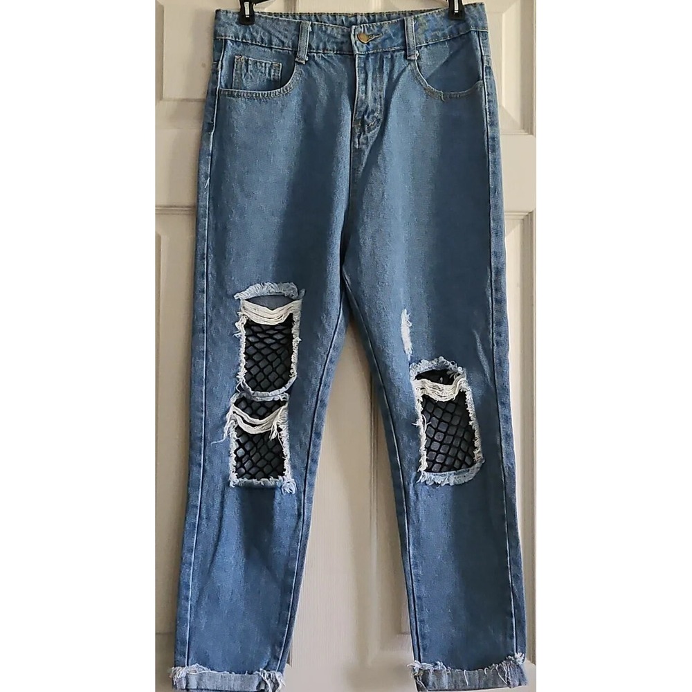 New 13" High Rise Distressed Fishnet Soft Denim Blue Jeans Frayed Cuff Ripped 30
